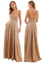 City Studios Juniors Size 3 Gold Metallic Pleated X-Back Gown Prom Formal V-Neck