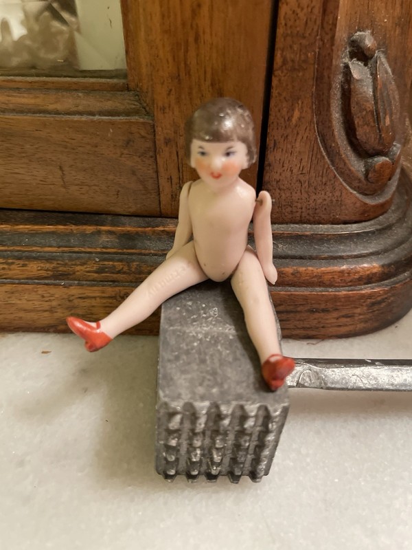 Petite 3-1/4 Inch  All Bisque All Original Antique German Doll W Jointed Limbs