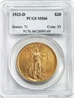1923 D GOLD US $20 DOLLAR ST. GAUDENS COIN PCGS MS 66
