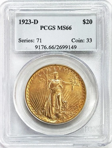 1923 D GOLD US $20 DOLLAR ST. GAUDENS COIN PCGS MS 66