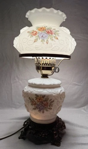 Vintage Fenton Raised Puffy Rose Milk Glass Hand Painted Gone With The Wind Lamp