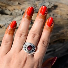 Red Faceted Garnet Gemstone 925 Sterling Silver Designer Ring For Partner Gift