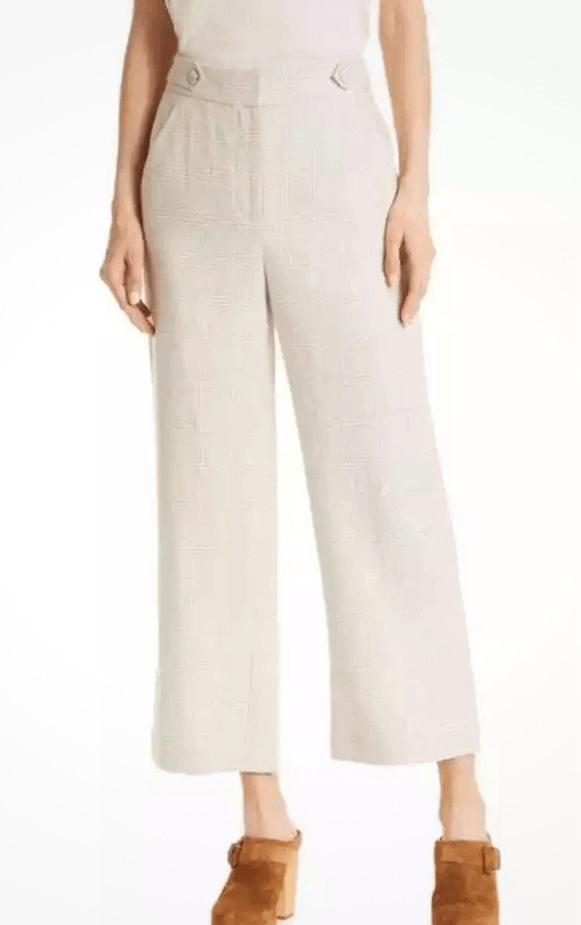Veronica Beard Isley Herringbone Plaid Pants Cream/Tan Linen Wide  display picture 1