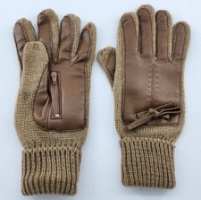 Vtg Womens Beige Acrylic Knit Gloves Vinyl Accents WPL 12931 Made in Taiwan OSFA
