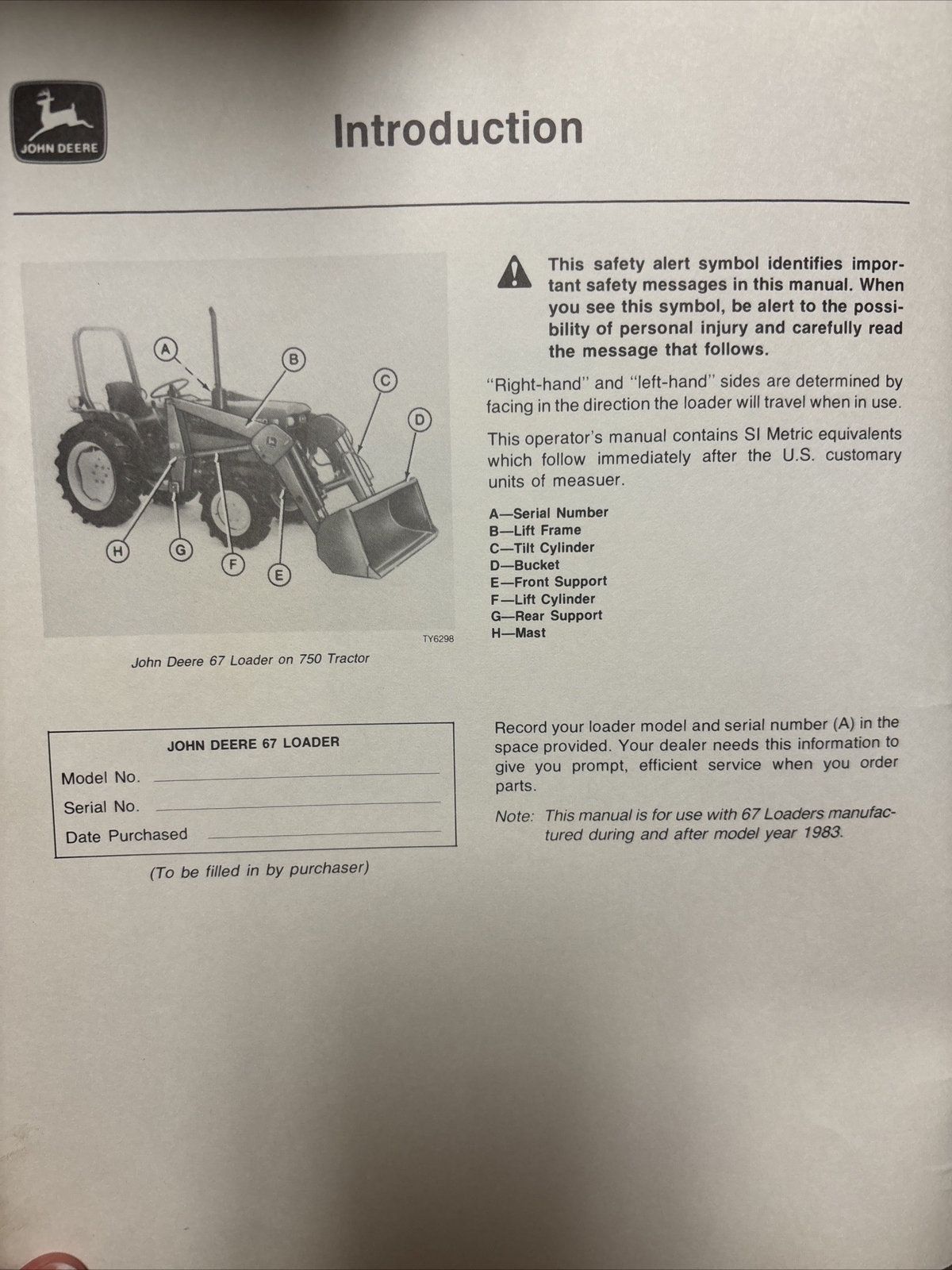 John Deere 67 Loader Operator's Manual JDM Division OMTY20622 Issue A3