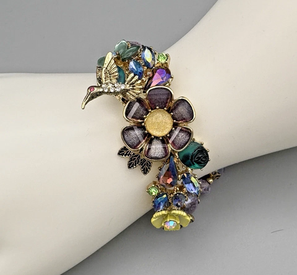 Betsey Johnson Hummingbird Flower Bracelet 7" Spring Ahead Trembler Vintage - Image 4 of 4