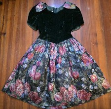 Vtg Jessica McClintock Green Velvet Floral Bows Puff Sleeve Dress Girls Sz 12