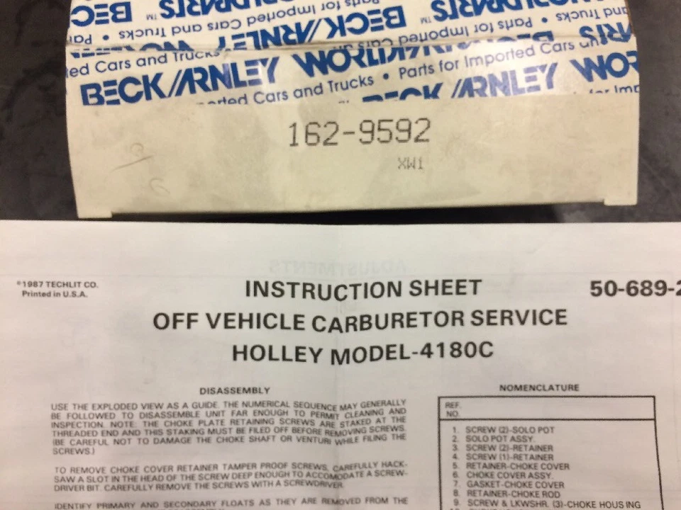 Beck/Arnley 162-9592 Carburetor Tune Up Kit Holley Model 4180C Isuzu Chevy Geo - Image 4 of 4