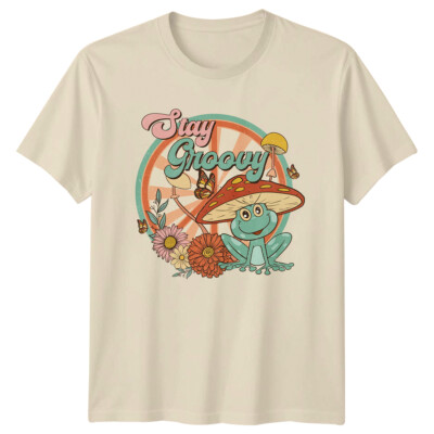 Stay Groovy Frog Mushroom T-Shirt, Floral Nature Tee, Peace Zeichen