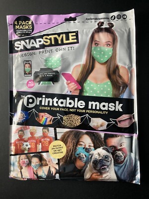 4 Pack Snap Style Printable Face Mask No Sew, Cloth, Elastic, & Nose Bridge