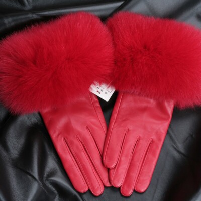 Women's Warm Genuine Leather Gloves Real Fox Fur Trim Winter Cuff Coral Velvet