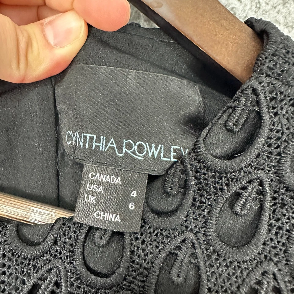 Cynthia Rowley Fit & Flare Dress Womens 4 Black Eyelet Crochet Long Sleeve Boho - Image 3 of 4