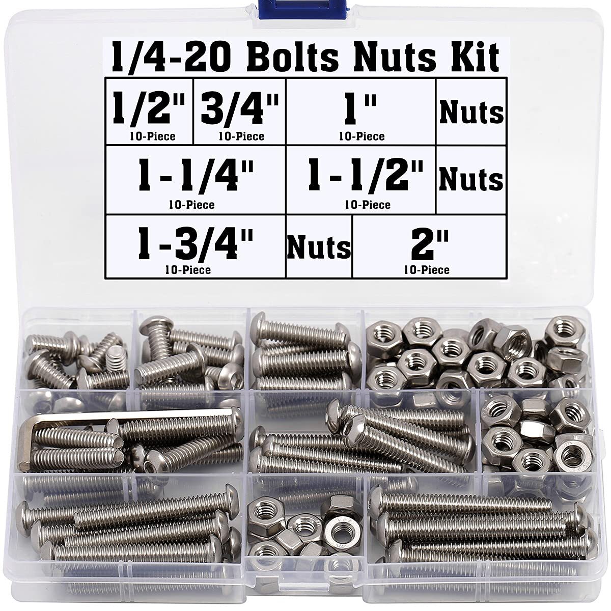 Stainless Steel 1/4-20 Bolts and Nuts Set Assortment Kit 18-8 Fully Threaded ...