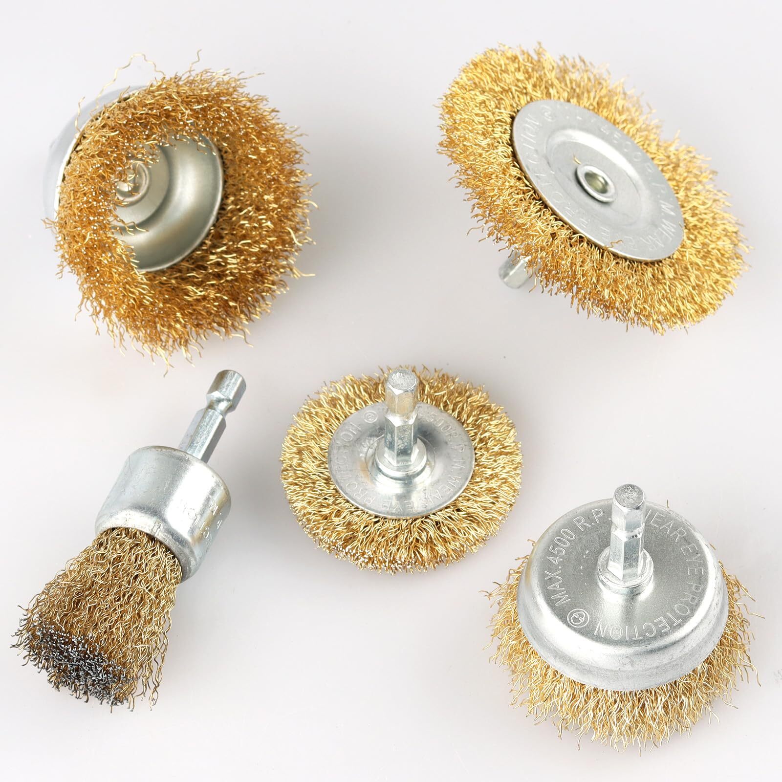 5 Pcs Wire Brush for Drill Set, Brass Wire Wheel for Drill, 1/4 Inch Hex Shank