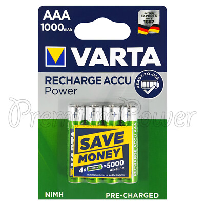 4 x Varta AAA 1000mAh batteries Rechargeable Ni-MH 1.2V HR03 Micro Accu Power