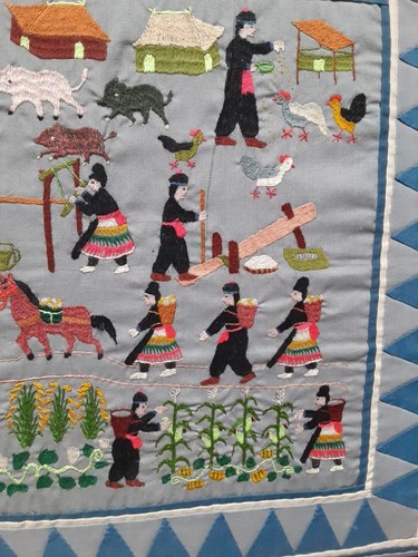 Quilt Hand Embroidered wall picture frame Farm Animals and Farmers people Asian - Picture 5 of 24