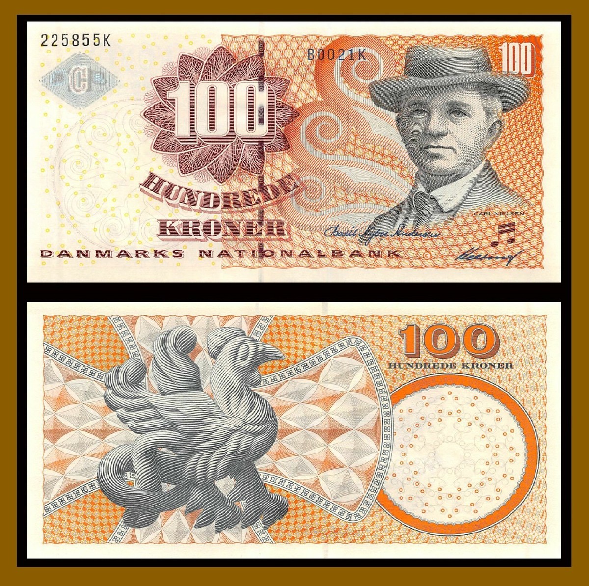 Denmark 100 Kroner, 2002 P-61a Carl Nielsen Basilisk Banknote Unc