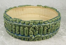 Antique Majolica Pottery Bamboo Planter Green Blue Yellow Glaze 10 inch Diameter