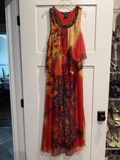 Women’s Red Orange & Yellow Bohemian Boho Maxi Dress Flowing Size Medium Jewels