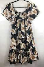 Vtg Royal Creations Womens Hawaiian Muumuu Maxi Dress Black Floral Ruffle Size L
