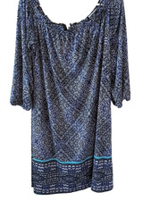 Tacera Women's Size Large Blue White Cold Shoulder 3/4 Sleeve Poly/Span Dress