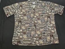 Vintage Hawaii Shirt Mens Large Brown Black Floral Fish Tiki Camp Button Up 90s