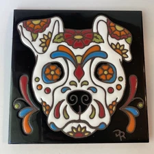 Day of the Dead Pit Bull Dog Sugar Skull Tile Earthtones Hand N Hand Designs