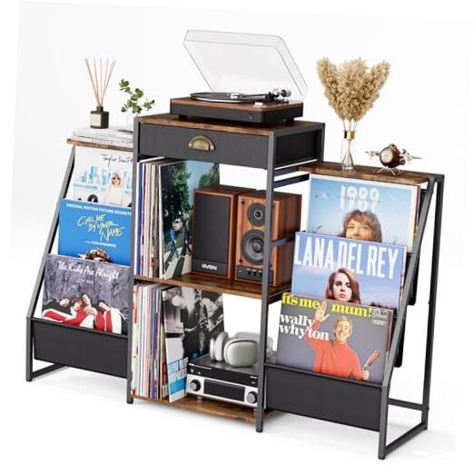 Vintage Record Player Stand with 6-Bin Vinyl Storage & Holder-image