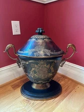 Maitland-Smith Decorative Lidded Urn with Heraldic Crest & Gilded Bird Handles (