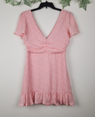 Forever 21 Size L Pink White Floral V-Neck Short Sleeve Boho Ruffle Dress  NWT | eBay