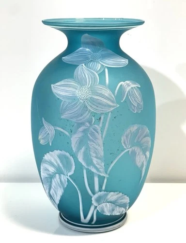 1980s Fenton Gallery Originals Blue Satin Azure Glass Butterfly Vase