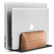 Vertical Laptop Stand Dual Slot Wooden Holder Desk Width Adjustable Dock