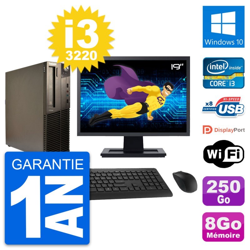 PC Lenovo M82 SFF Ecran 19" Intel i3-3220 RAM 8Go Disque 250Go Windows 10 Wifi