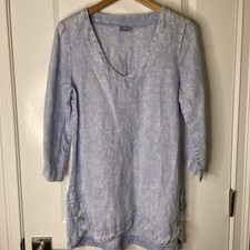 Et’ Lois Made In USA Linen Blend Blue V Neck Tunic Top 3/4 Sleeve