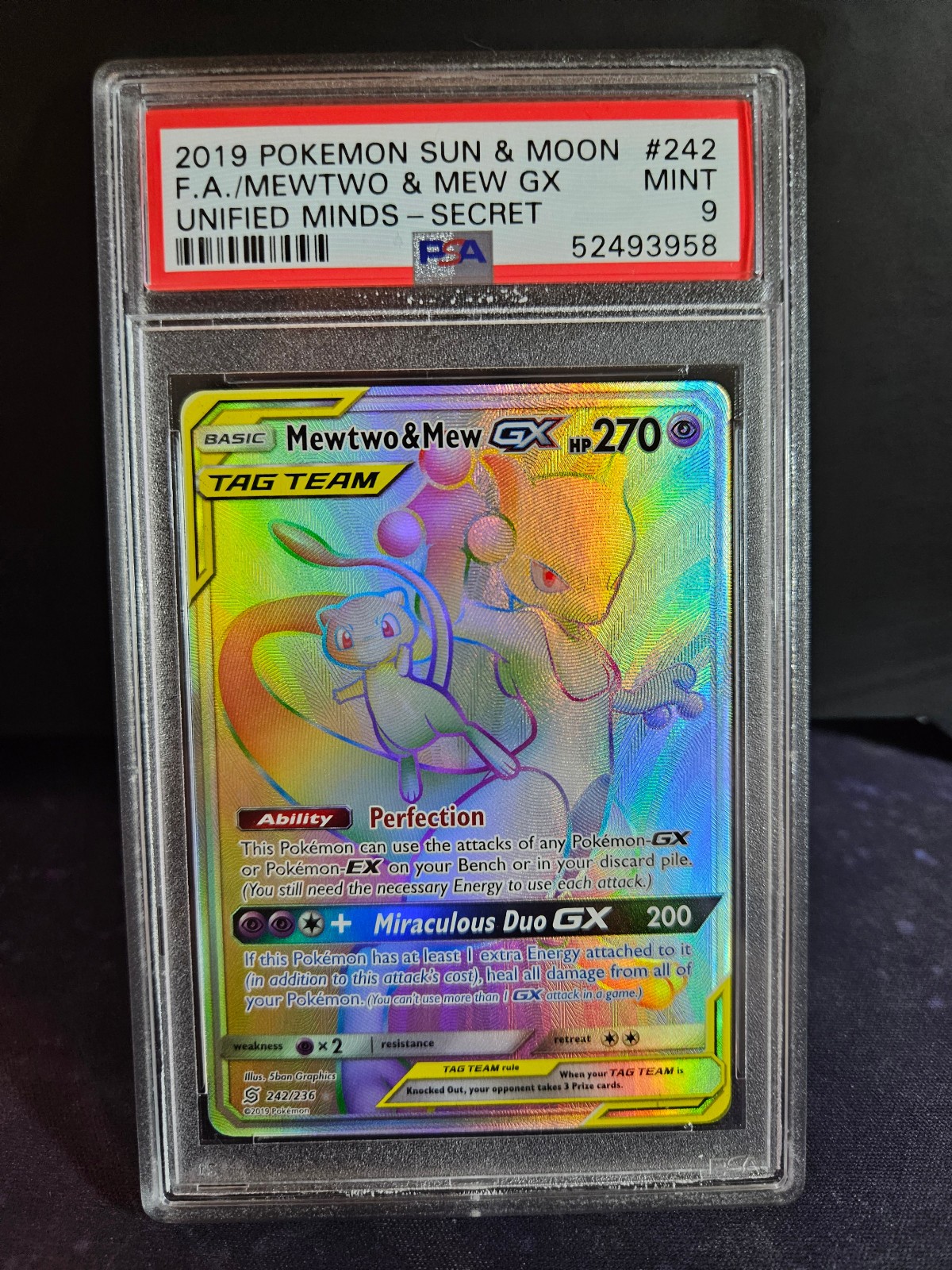 2019 Pokemon Unified Minds Rainbow Mewtwo and Mew GX Full Art 242/236 PSA 9 Mint