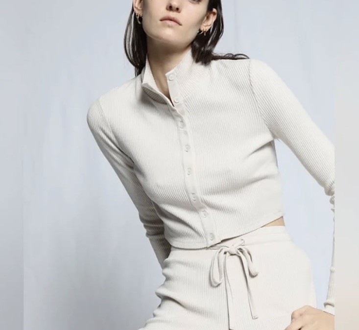 The Range Revolve Alloy Rib Cropped Button Up Turtleneck Top Women’s Small S