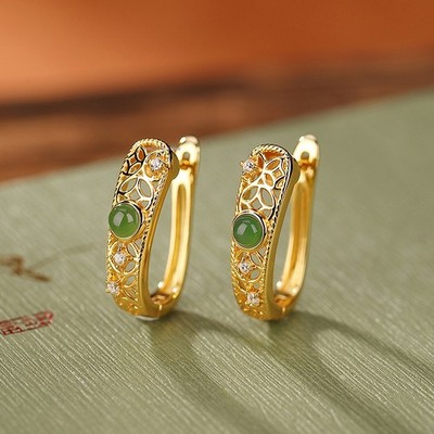 Ohrringe 18 Karat Gelbgold Deckel echt 925 Sterling Silber Jaspis hohl U-Form