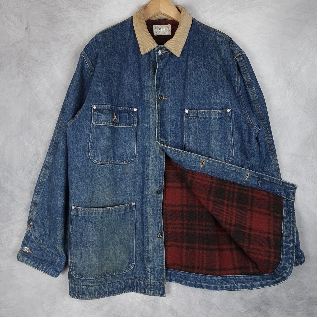 Vntg Polo Ralph Lauren Country Barn Coat Men Large Denim Blanket