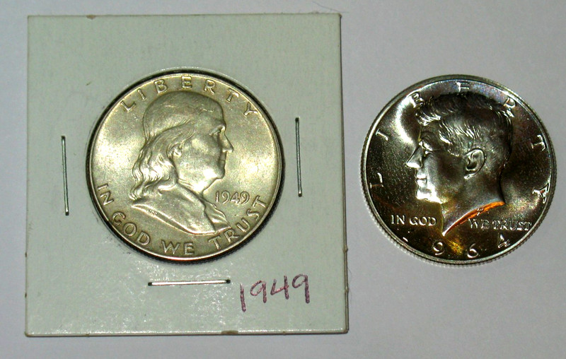 💎 1949 FRANKLIN + 1964 PROOF KENNEDY 90% SILVER HALF DOLLARS.