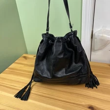 Eileen Fisher Soft Leather Bucket Bag Black Drawstring Hobo Tote Studded Bottom