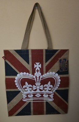 NWT GLORIOUS BRITAIN JUTE BAG 16'' x 15'' w/ 9'' Handles Union Jack & Crown