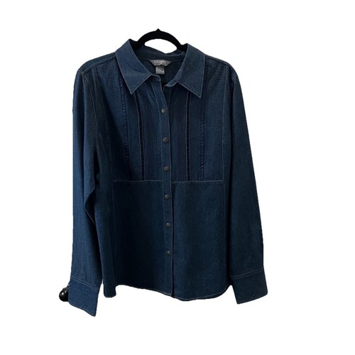 Vintage Koret City Blues Top Womens XL Chambray Blue Button Up Pleated Texture