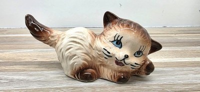 Vintage MCM Miniature Ceramic Siamese Cat Figurine Trinket Knick Knack Kitsch