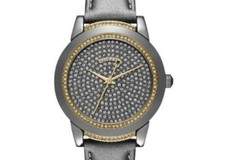 DKNY METALLIC GREY LEATHER+GUNMETAL TONE PAVE GOLD CRYSTAL DIAL WATCH-NY8690