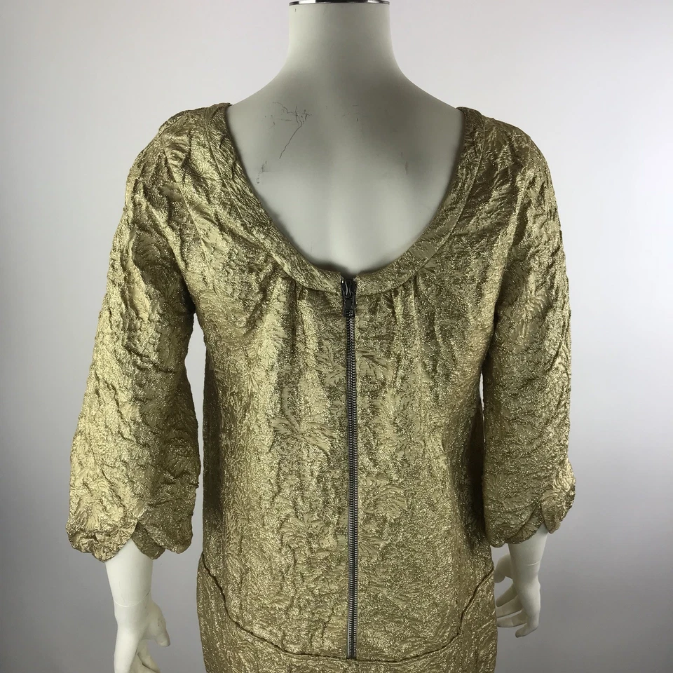 Vestido para mujer VERA WANG dorado brocado lino seda cintura caída obispo manga abullonada 4 Foto 4 de 4