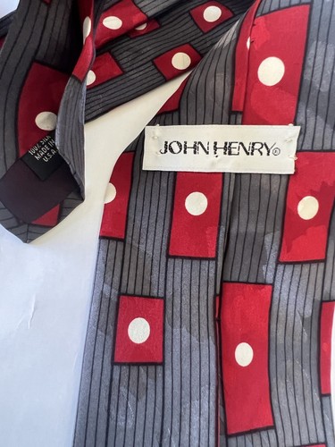 Silver Gray Red Rectangular White Polka Dot 100% Silk Men's Classic Suit Necktie - Picture 5 of 5