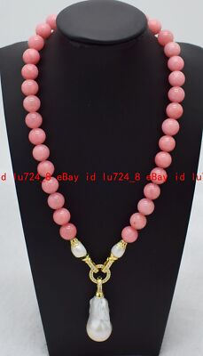 Natural Pink Rhodochrosite Round Gems White Keshi Baroque Pearl Pendant Necklace