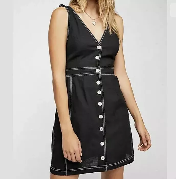 Free People Dress Women Black London Town Tie Strap Button Front Sz 6 OB843141