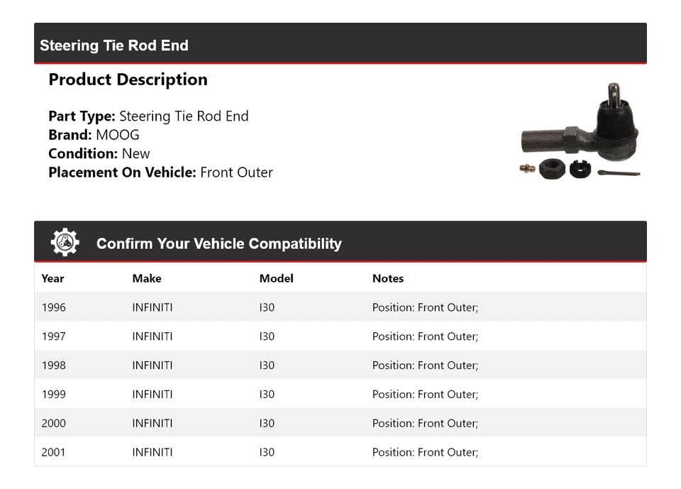 For 1996-2001 INFINITI I30 Steering Tie Rod End Front Outer MOOG 1996 1997 1998 - Image 2 of 4
