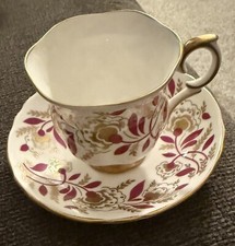 Vintage Crown Staffordshire Ruby Red & Gold Vines Tea Cup and Saucer Never Used